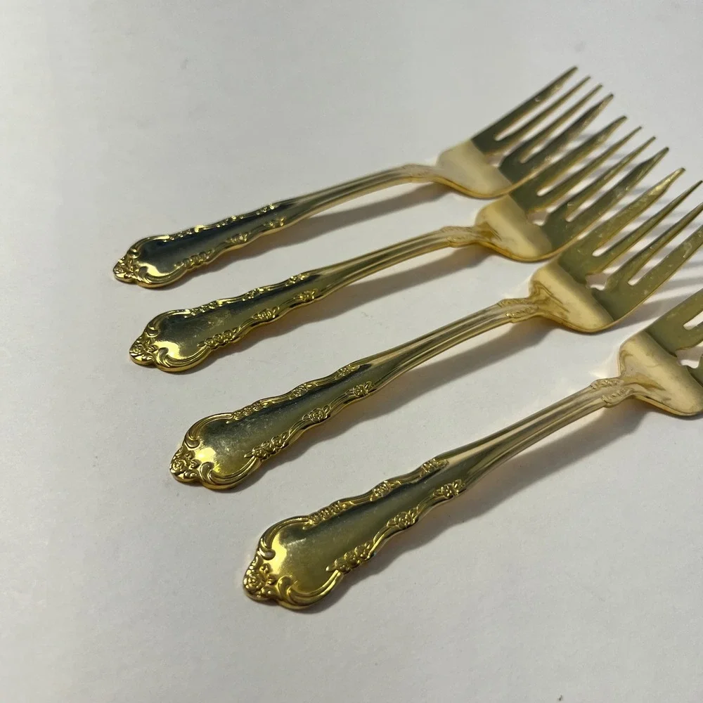 1847 Rogers Bros Gold Electroplate Salad Dessert Forks Set of 4 Floral 6in